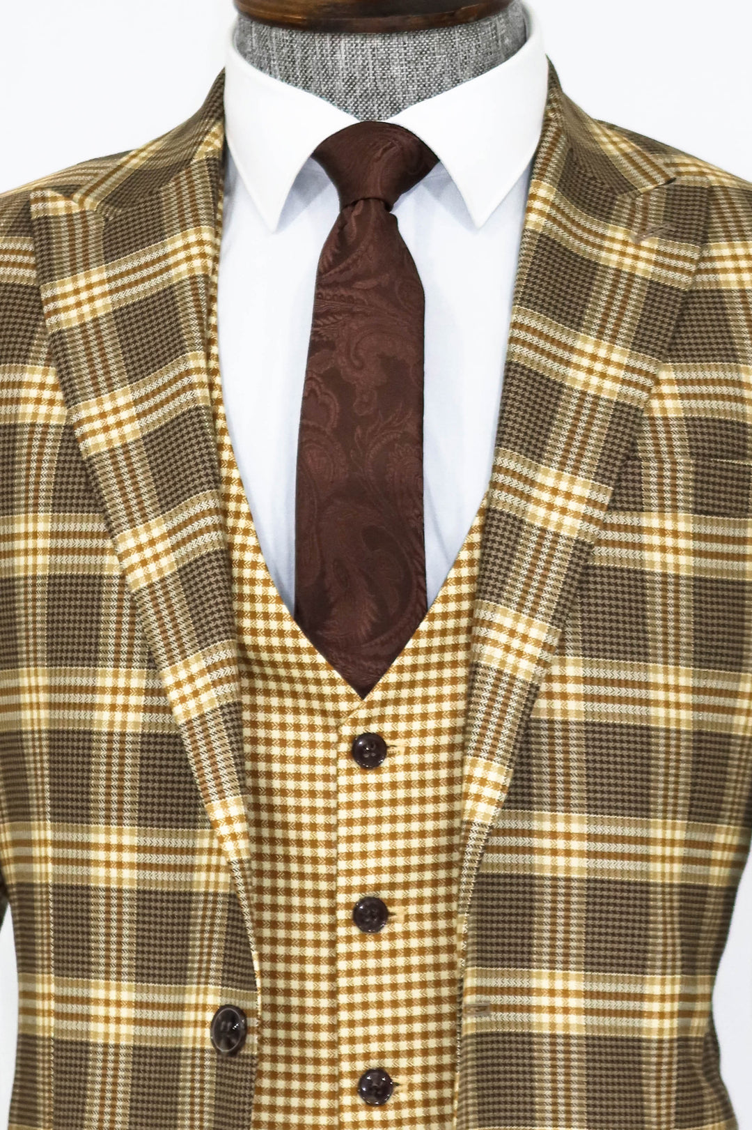 Slim Fit Patterned Checked Light Brown Men Suit and Shirt Combination- Wessi