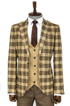 Slim Fit Patterned Checked Light Brown Men Suit - Wessi