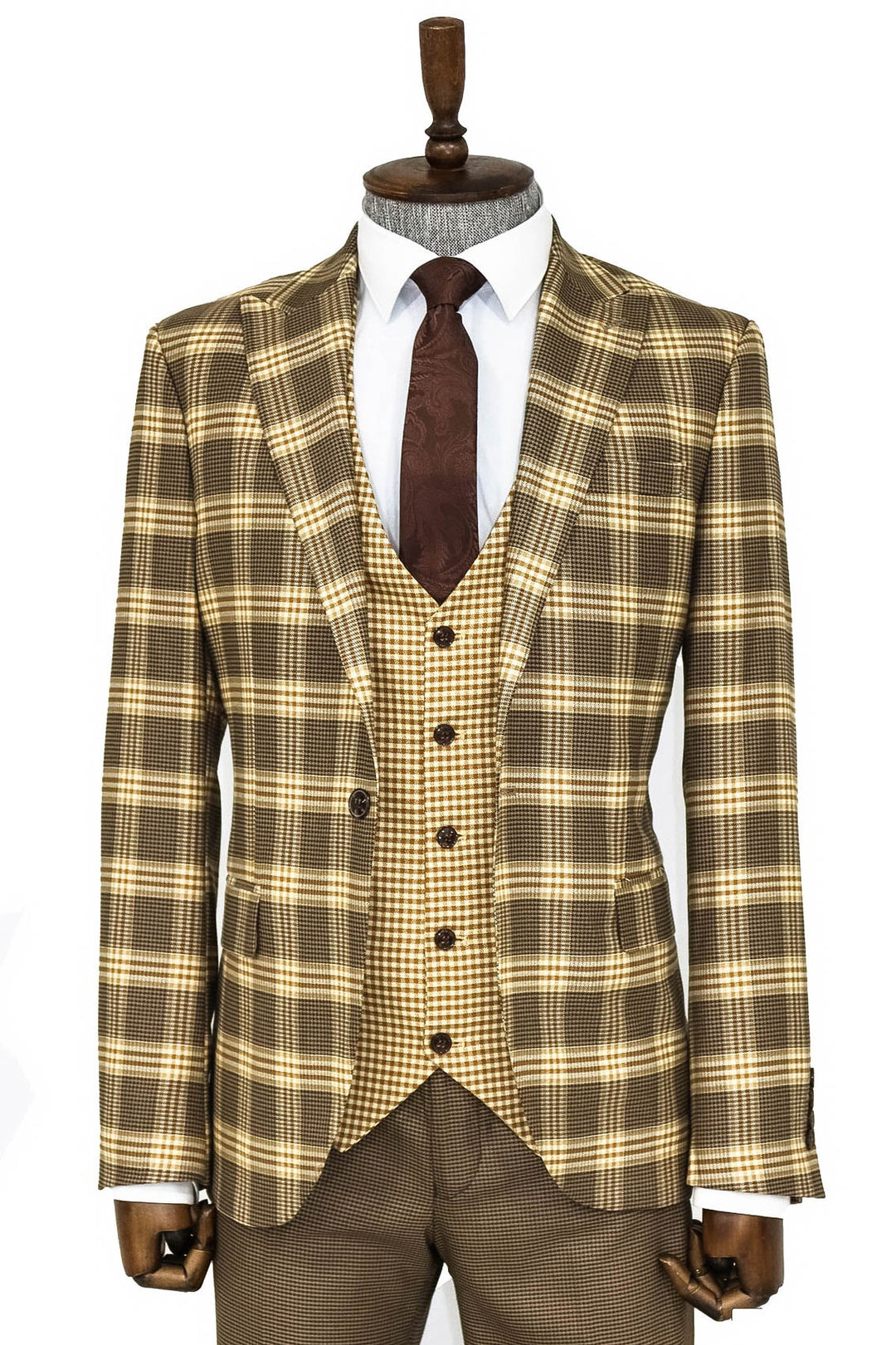 Slim Fit Patterned Checked Light Brown Men Suit and Shirt Combination- Wessi