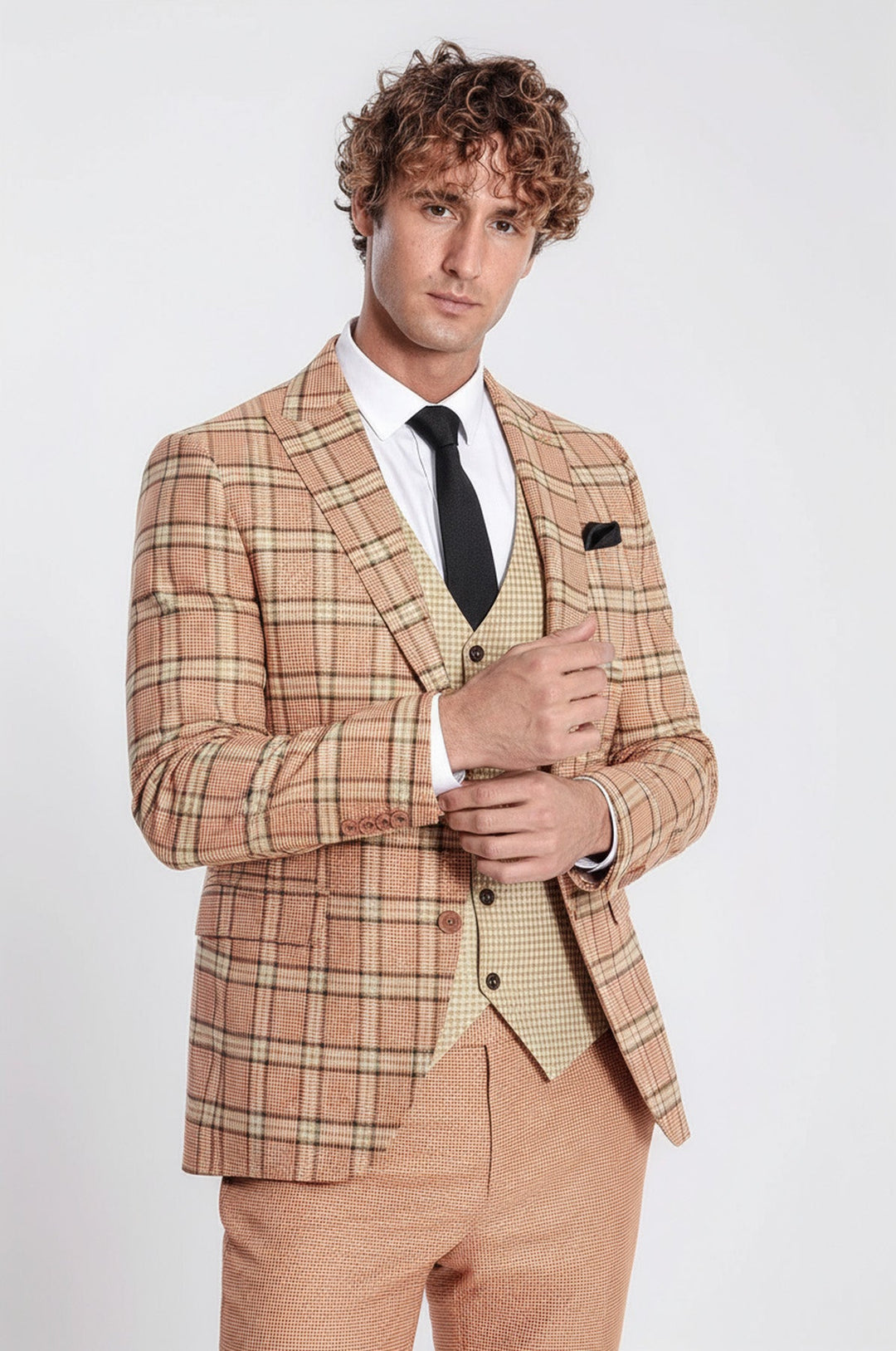 Slim Fit Patterned Checked Orange Men Suit - Wessi