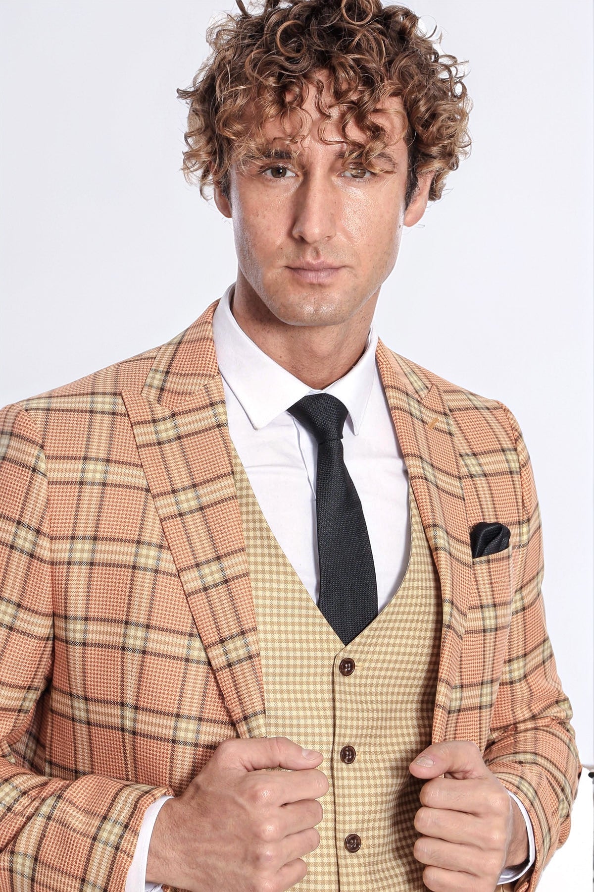 Slim Fit Patterned Checked Orange Men Suit - Wessi – Wessi
