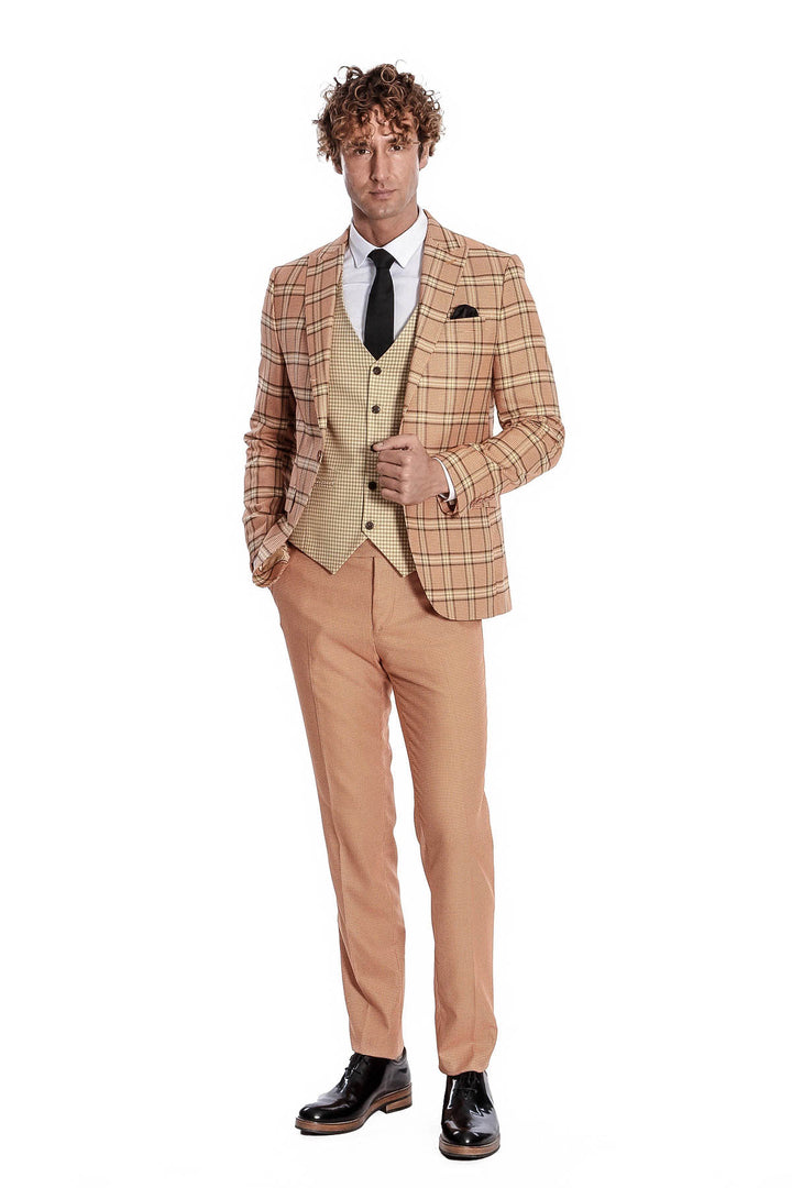 Slim Fit Patterned Checked Orange Men Suit - Wessi