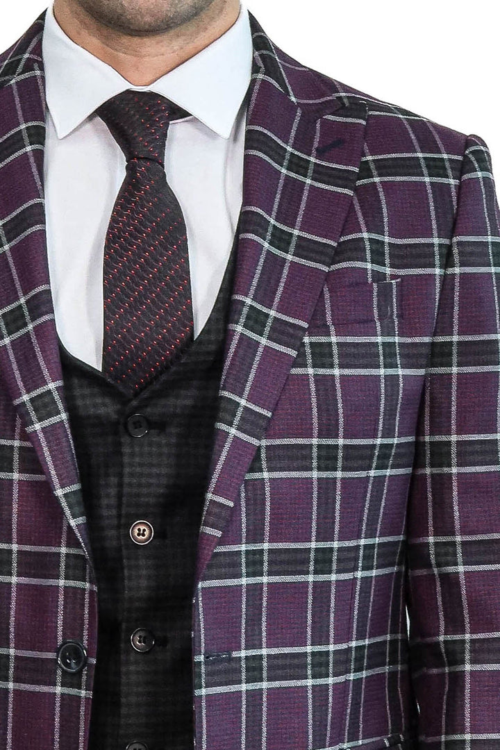 Slim Fit Patterned Checked Burgundy Men Suit - Wessi