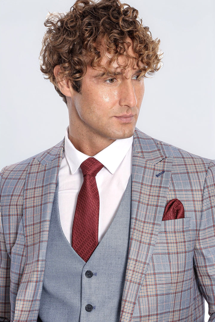 Checked Slim Fit Blue Men Suit - Wessi