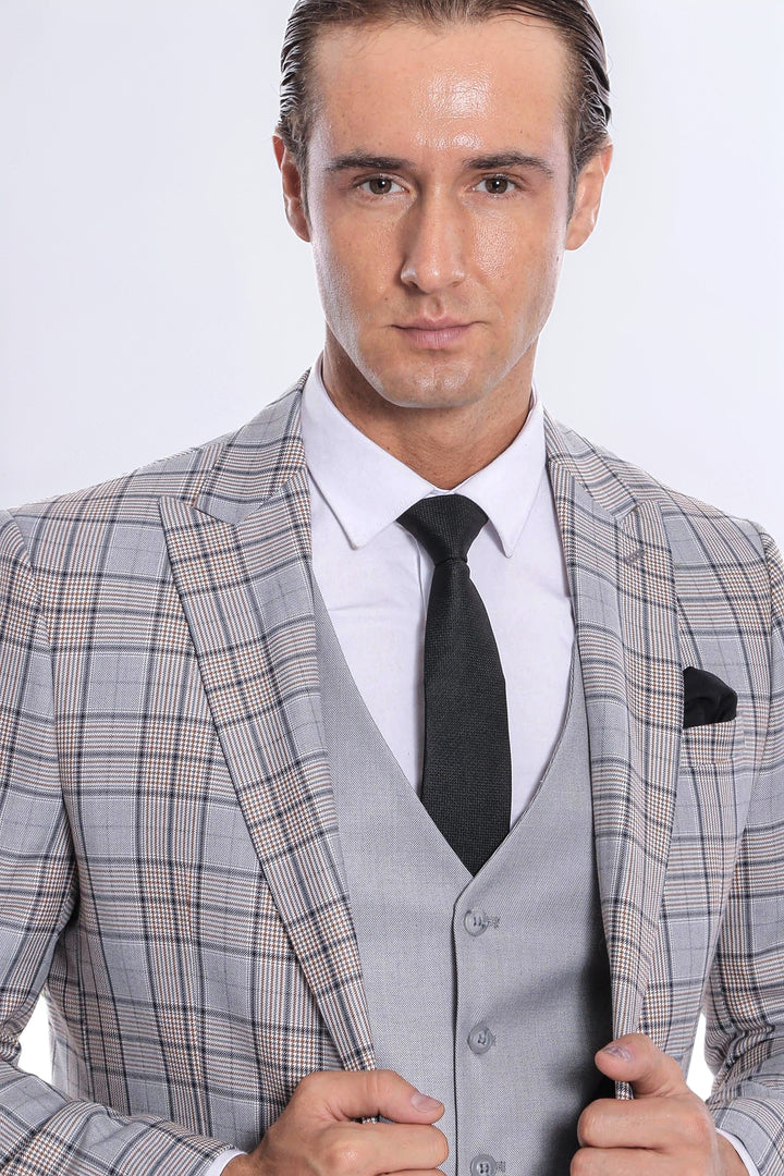 Checked Slim Fit Light Grey Men Suit - Wessi