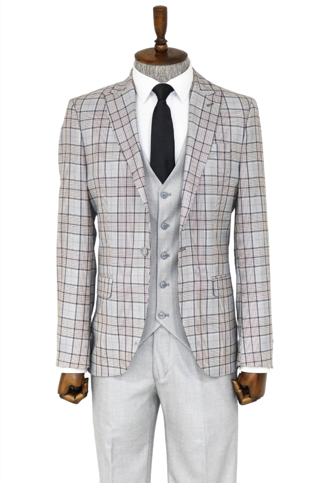 Checked Slim Fit Light Grey Men Suit and Shirt Combination - Wessi
