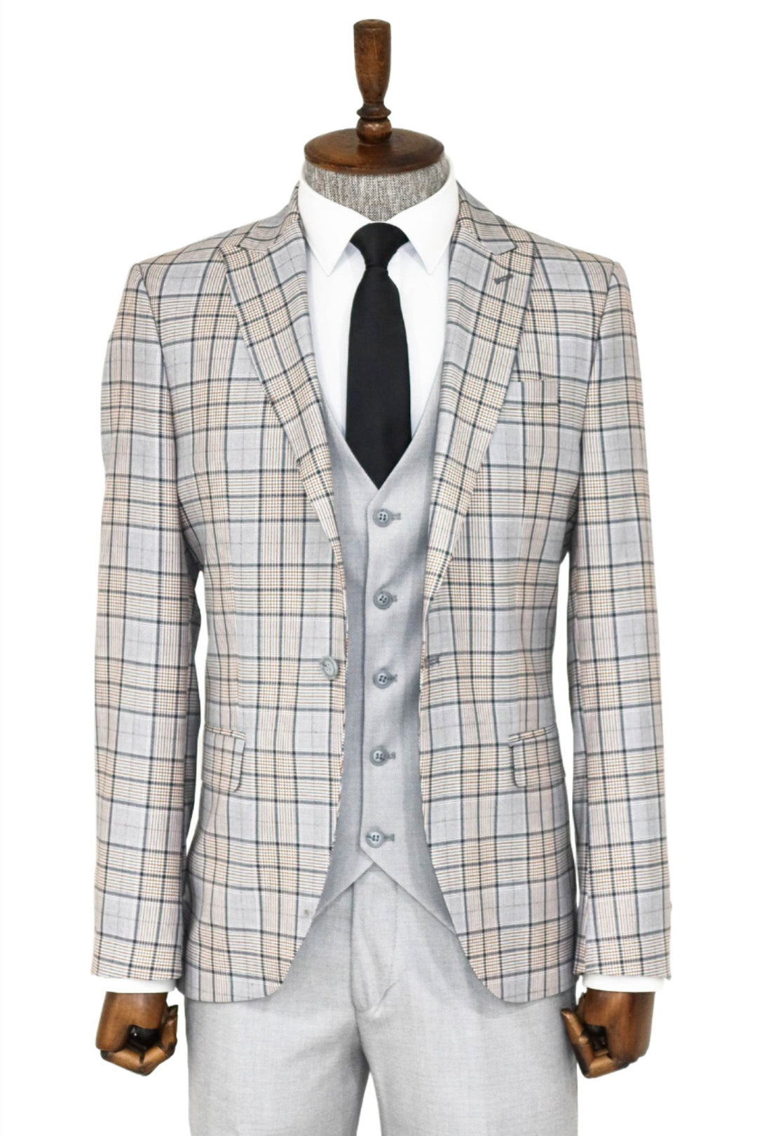 Checked Slim Fit Light Grey Men Suit and Shirt Combination - Wessi