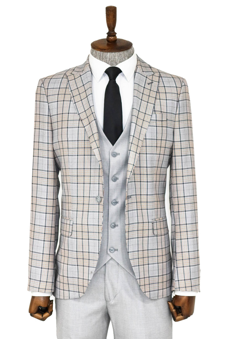 Checked Slim Fit Light Grey Men Suit and Shirt Combination - Wessi