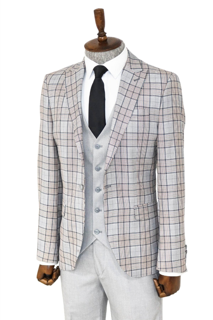 Checked Slim Fit Light Grey Men Suit and Shirt Combination - Wessi