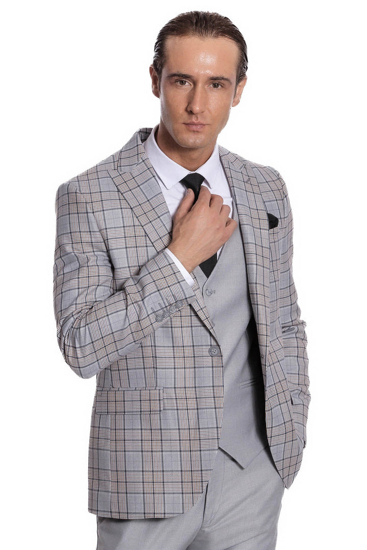 Checked Slim Fit Light Grey Men Suit - Wessi