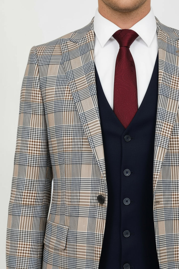 بدلة رجالية بنية اللون بقصّة Slim Fit منقوشة - Wessi