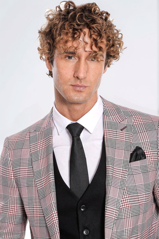Checked Slim Fit Burgundy Men Suit - Wessi