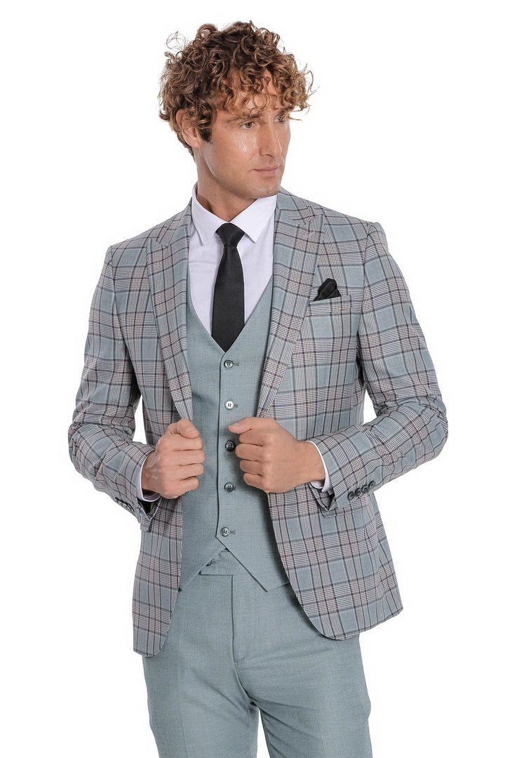 Checked Slim Fit Light Green Men Suit - Wessi