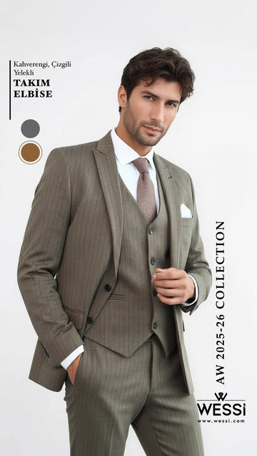 بدلة رجالية مخططة بقصة ضيقة باللون البني - ويسي