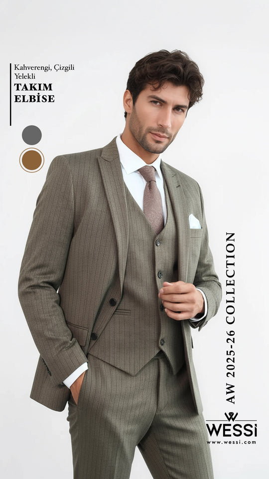 بدلة رجالية مخططة بقصة ضيقة باللون البني - ويسي