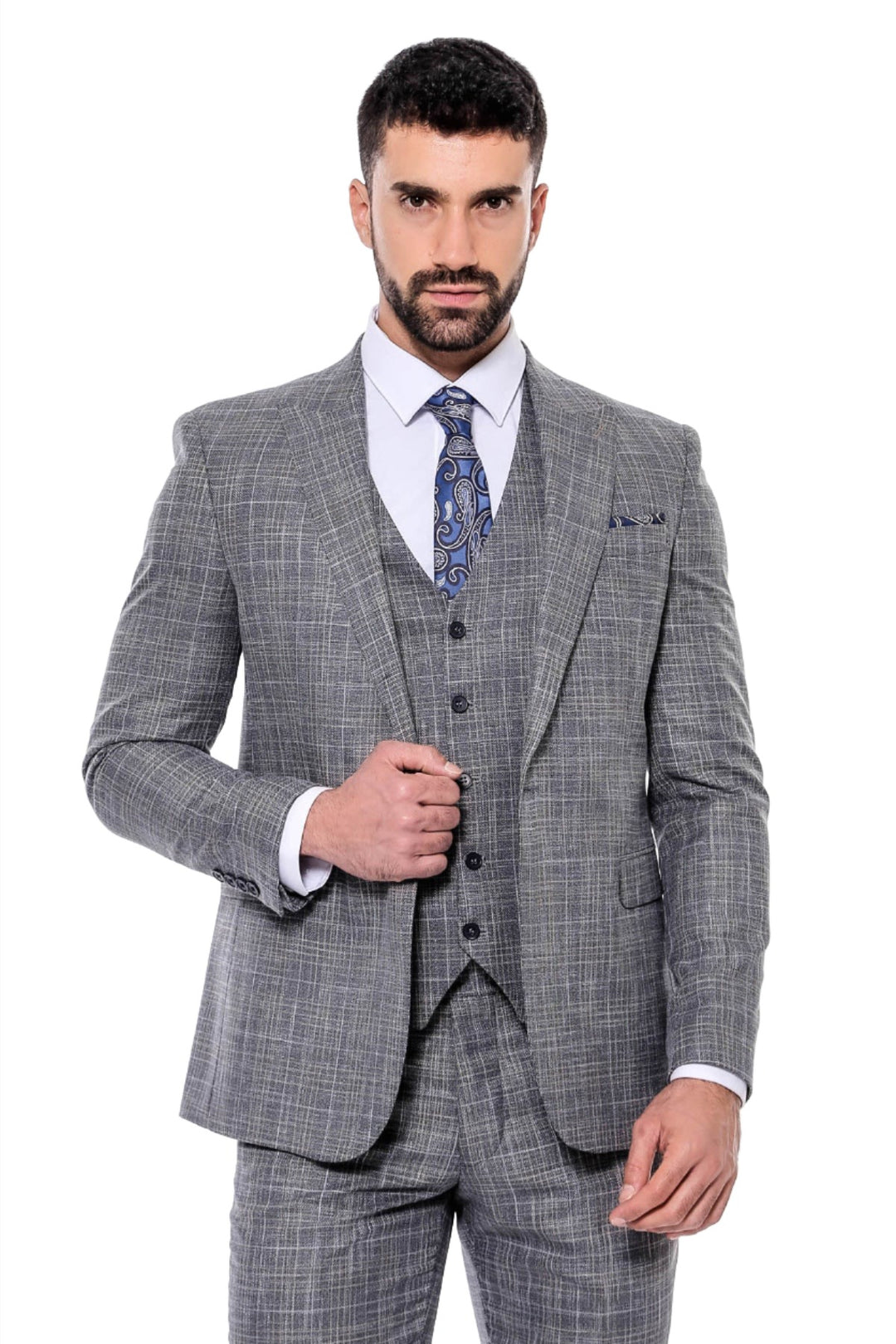 Patterned Vested Slim-Fit Dark Grey Men’s Suit - Wessi