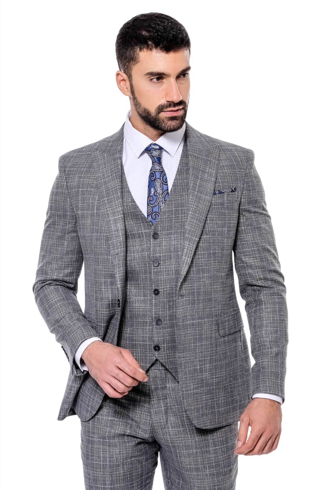 Patterned Vested Slim-Fit Dark Grey Men’s Suit - Wessi