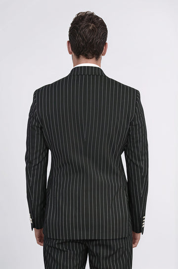 Pinstripe Double Breasted Men’s Black Suit with Silver Button Details - Wessi