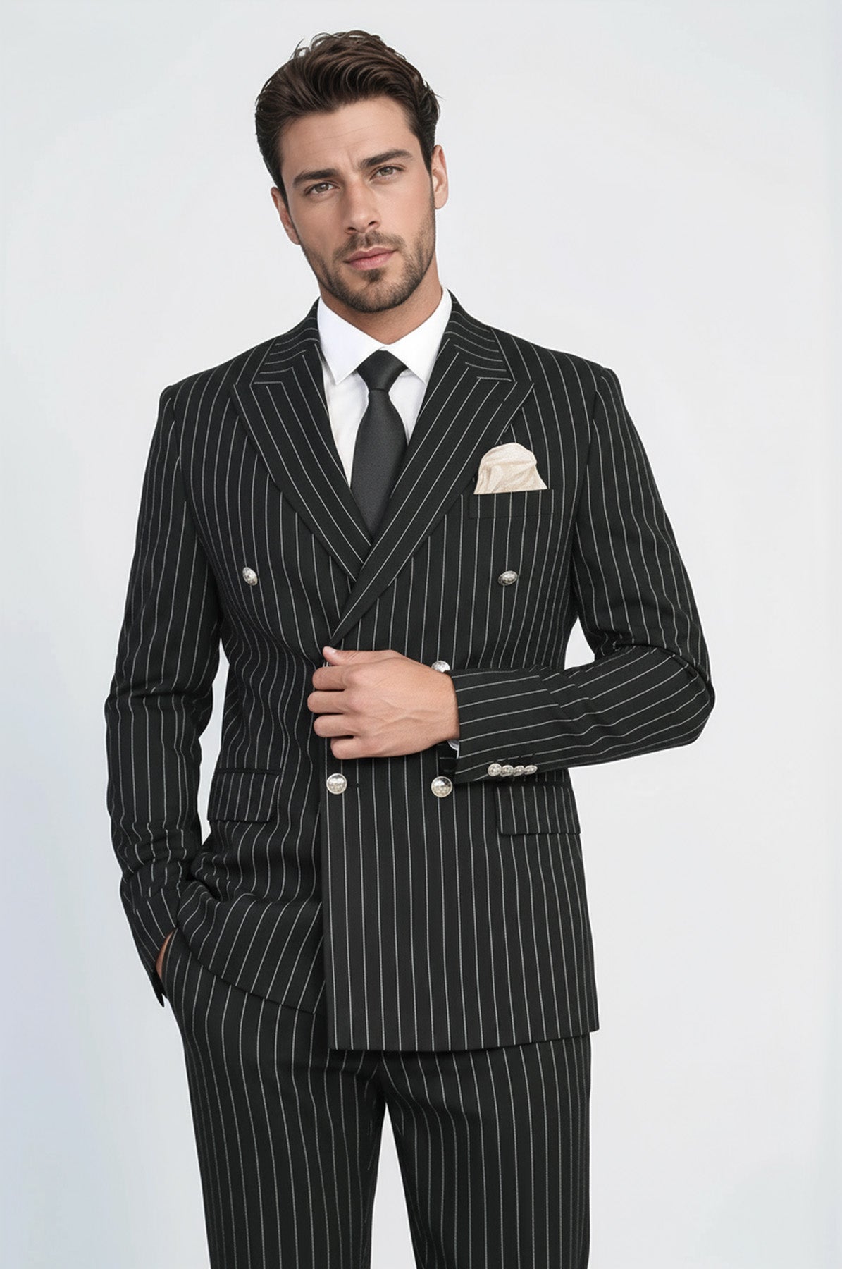 Pinstripe Double Breasted Men's Black Suit with Silver Button