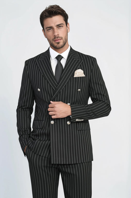 Black Pinstripe Double Breasted 2-Piece Suit with Silver Button Details | Wessi Wessi - Discover Diversity Black Pinstripe Double Breasted 2-Piece Suit with Silver Button Details | Wessi Wessi - Discover Diversity