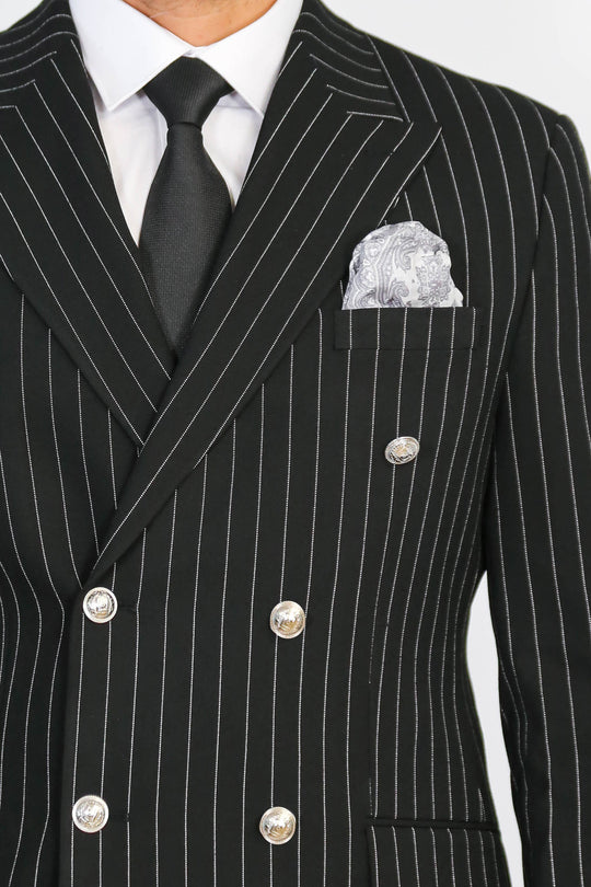 Pinstripe Double Breasted Men’s Black Suit with Silver Button Details - Wessi
