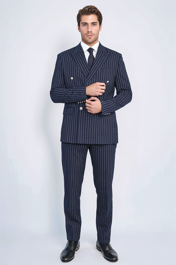 Pinstripe Double Breasted Men’s Navy Blue Suit with Silver Button Details - Wessi