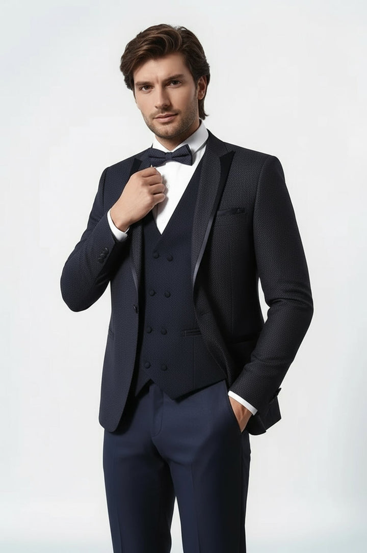 Темно-синий свадебный костюм с жилетом в горошек | Весси - Весси