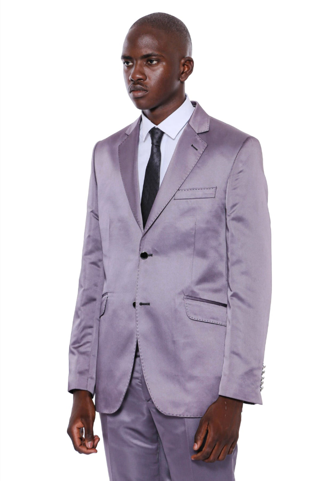 Two Piece Two Buttons Modeled Lapel Satin Grey Men Groom Suit