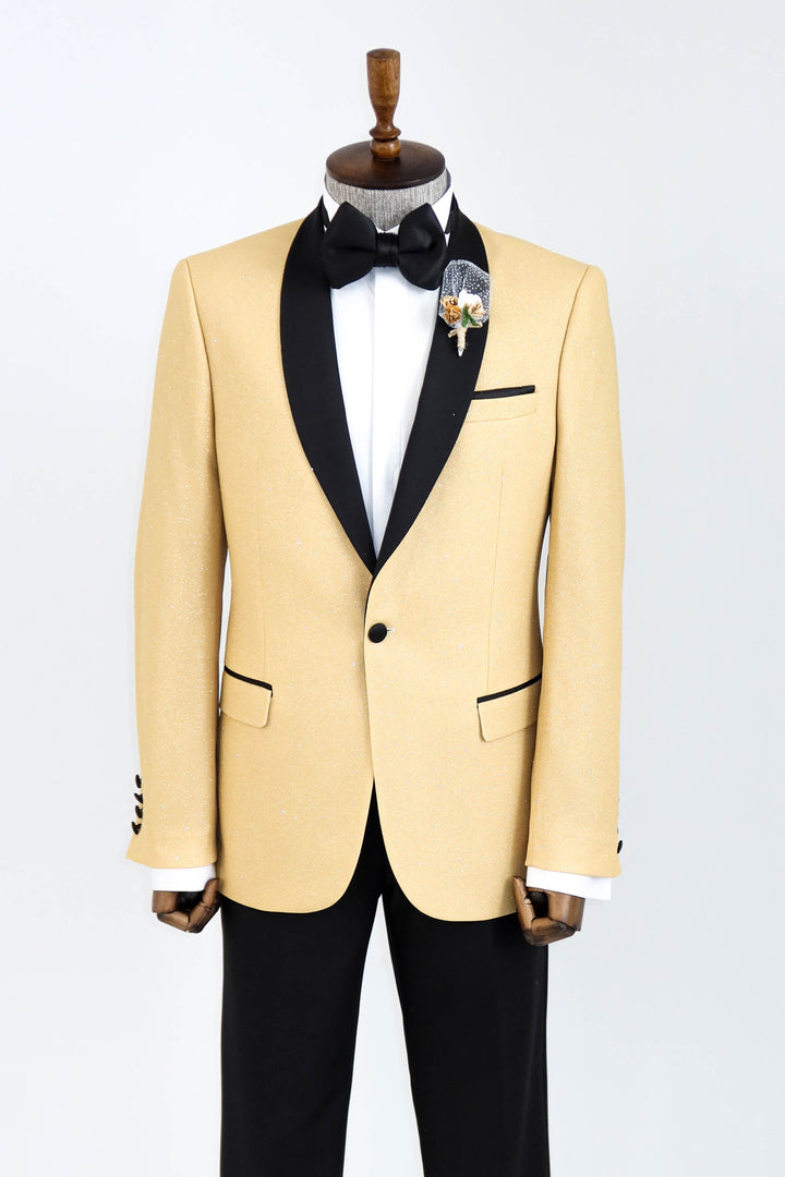 Yellow Shawl Lapel Sparkly Tuxedo Jacket and Trousers Combination - Wessi