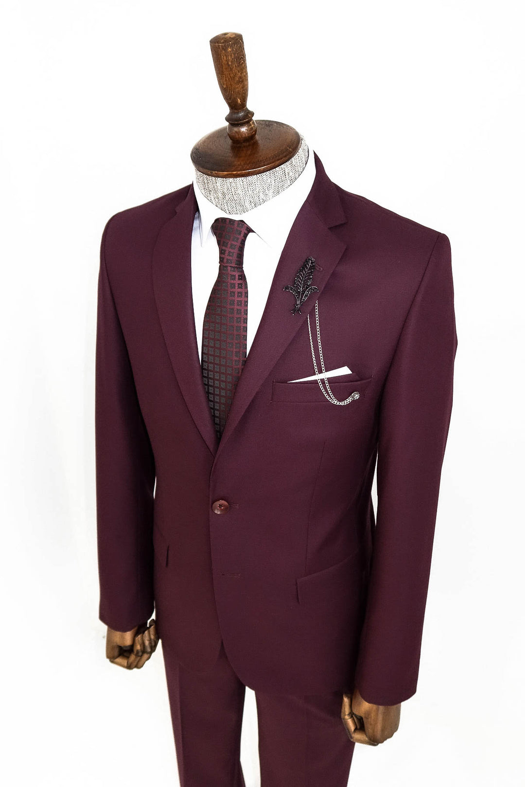Two Buttons Two Piece Burgundy Men Suit - Wessi