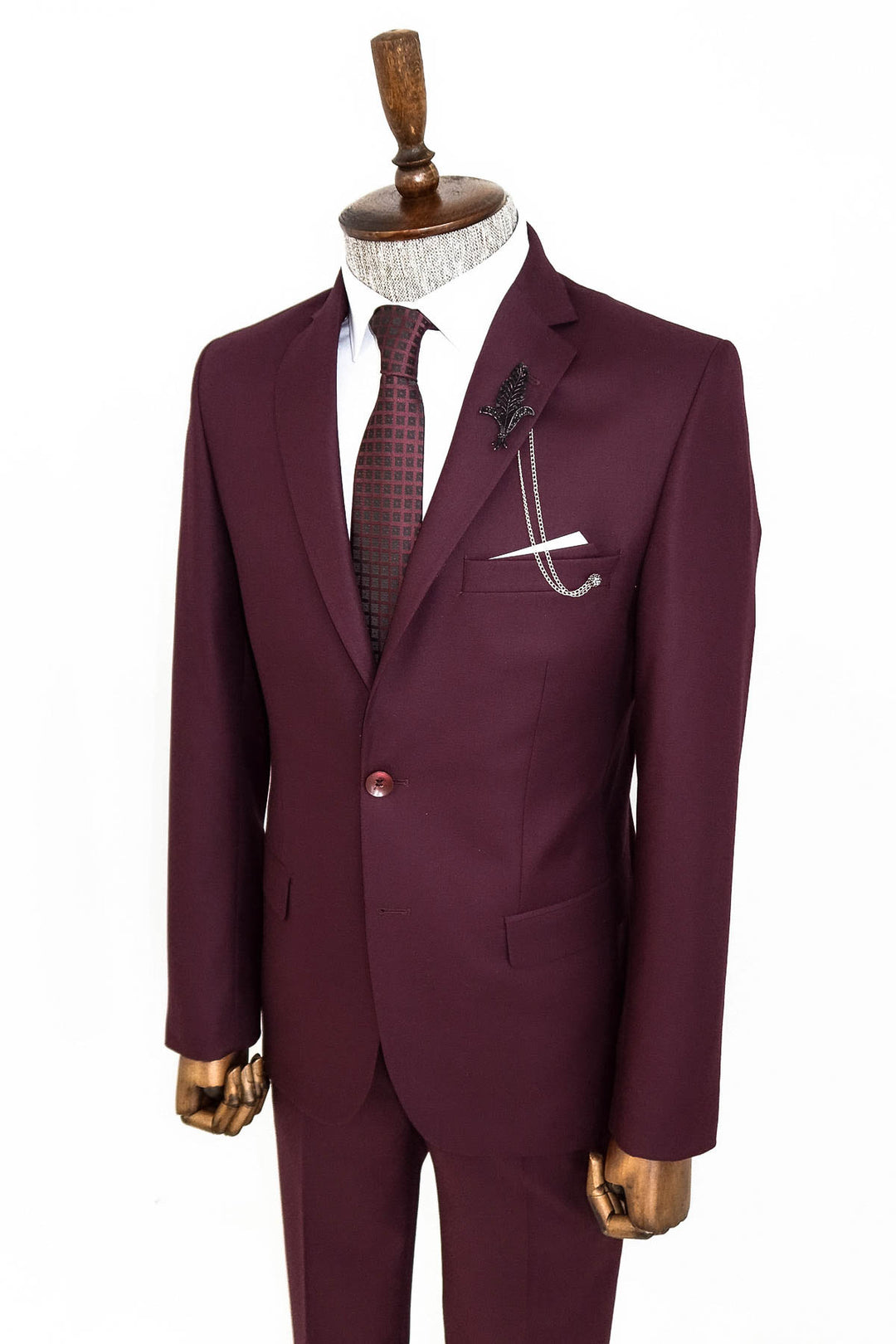 Two Buttons Two Piece Burgundy Men Suit - Wessi