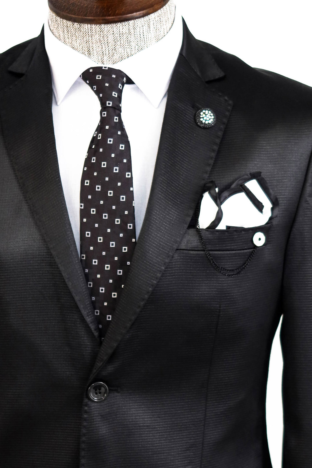 Two Piece Two Buttons Patterned Satin Black Men Suit