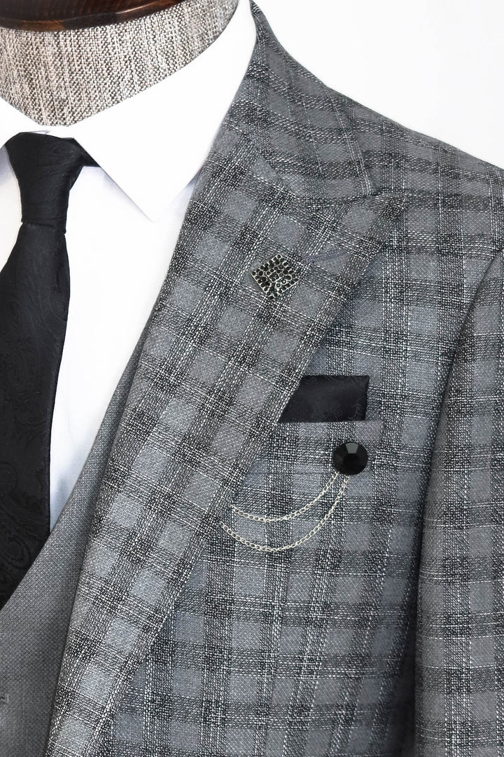 Checked Vested Grey Men Suit - Wessi