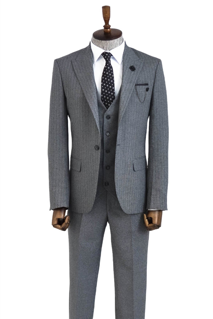 Striped Vested Grey Men's Suit    - Wessi