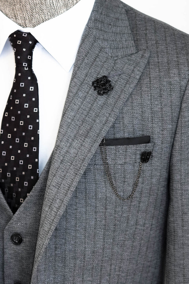 Striped Vested Grey Men's Suit    - Wessi