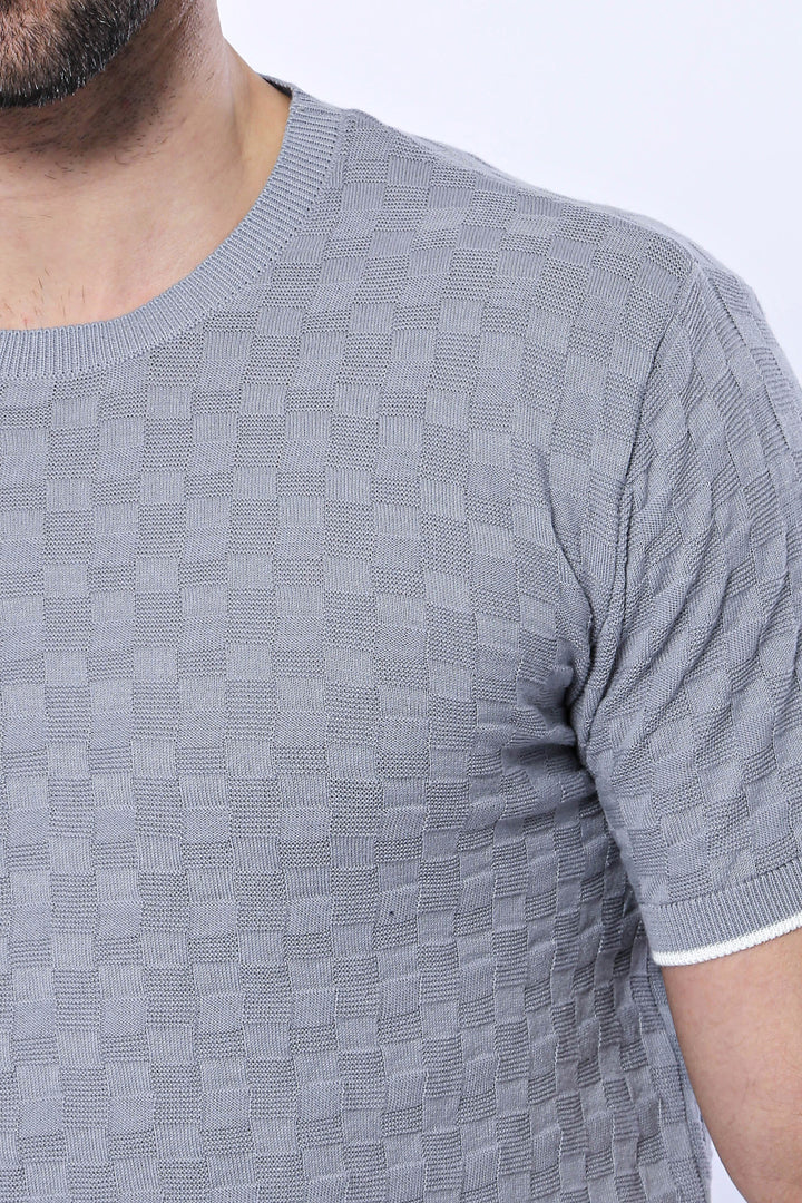Grey Patterned Tricot Knitted T-Shirt - Wessi