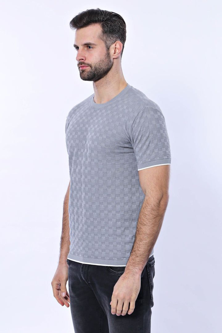 Grey Patterned Tricot Knitted T-Shirt - Wessi