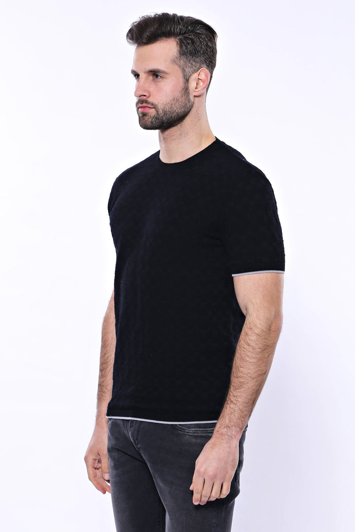 Patterned Tricot Knitted Black Men T-Shirt - Wessi