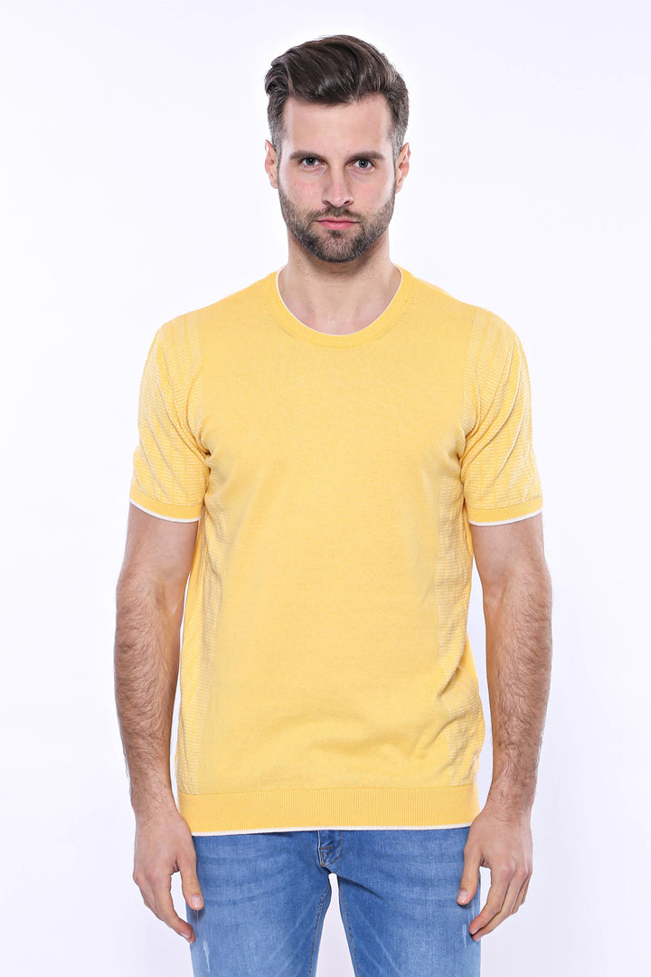 Circle Neck Patterned Yellow Knitted T-Shirt - Wessi