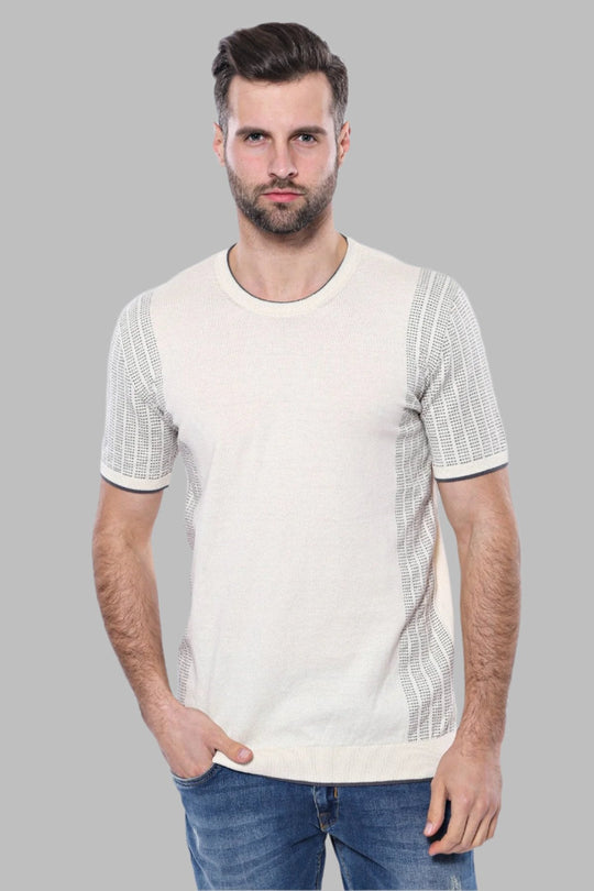 Circle Neck Patterned Cream Knitted T-Shirt - Wessi