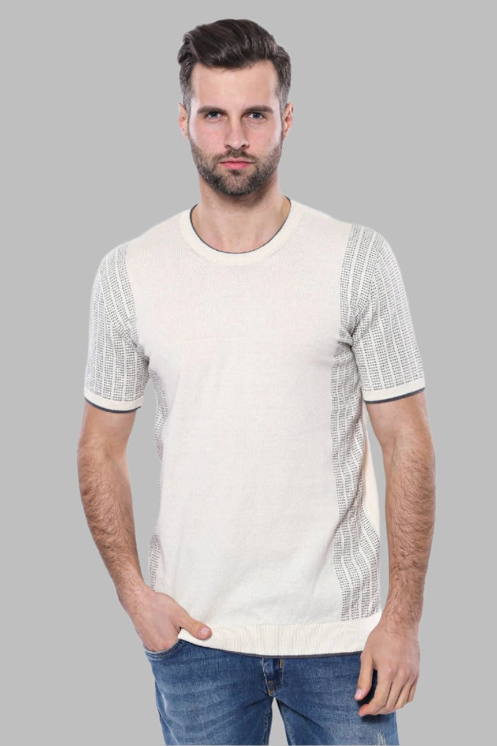 Circle Neck Patterned Cream Knitted T-Shirt - Wessi