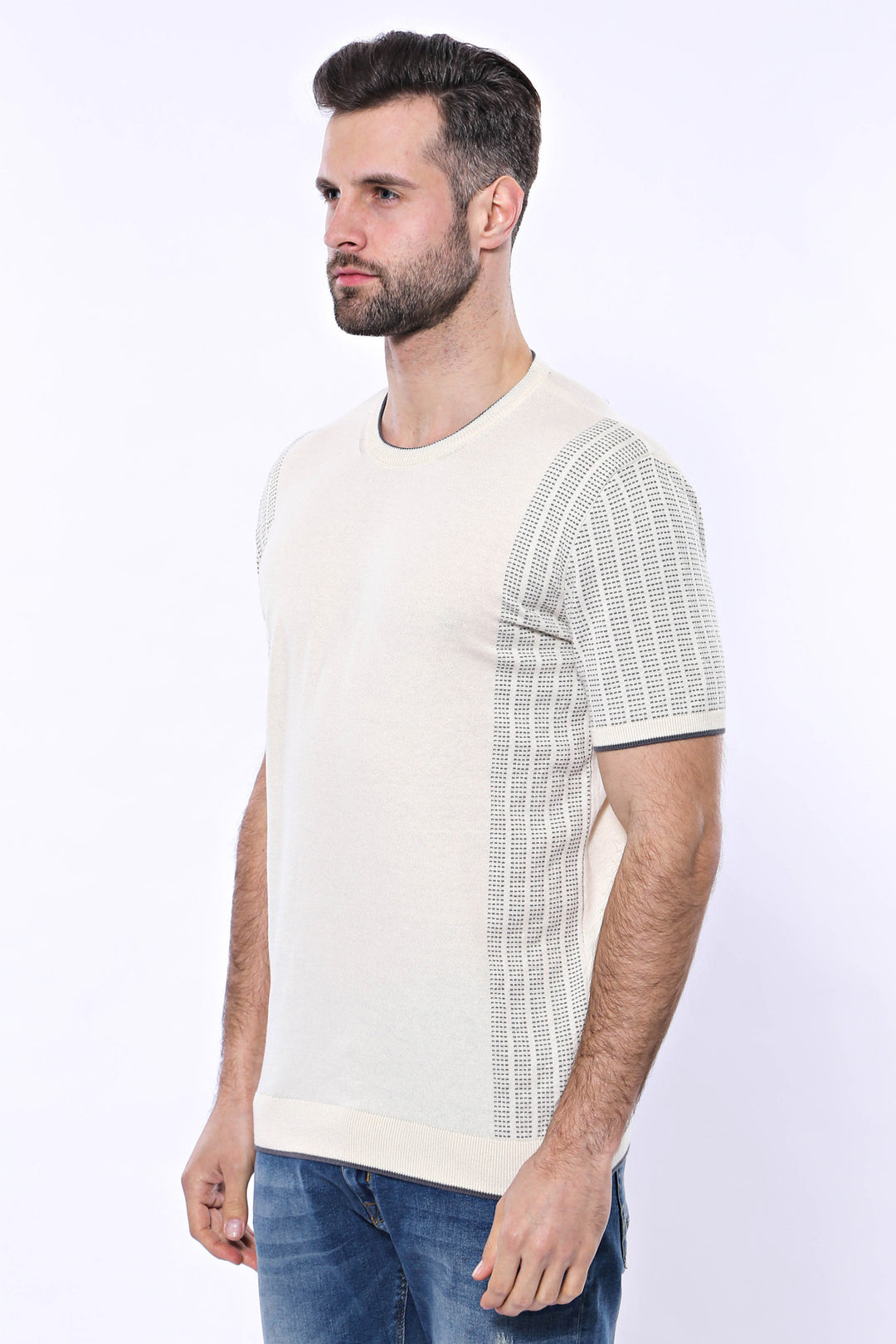 Circle Neck Patterned Cream Knitted T-Shirt - Wessi