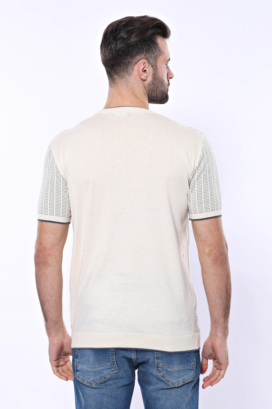 Circle Neck Patterned Cream Knitted T-Shirt - Wessi