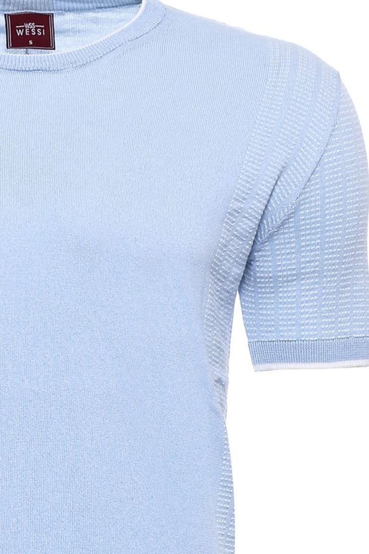 Circle Neck Patterned Blue Knitted T-Shirt - Wessi