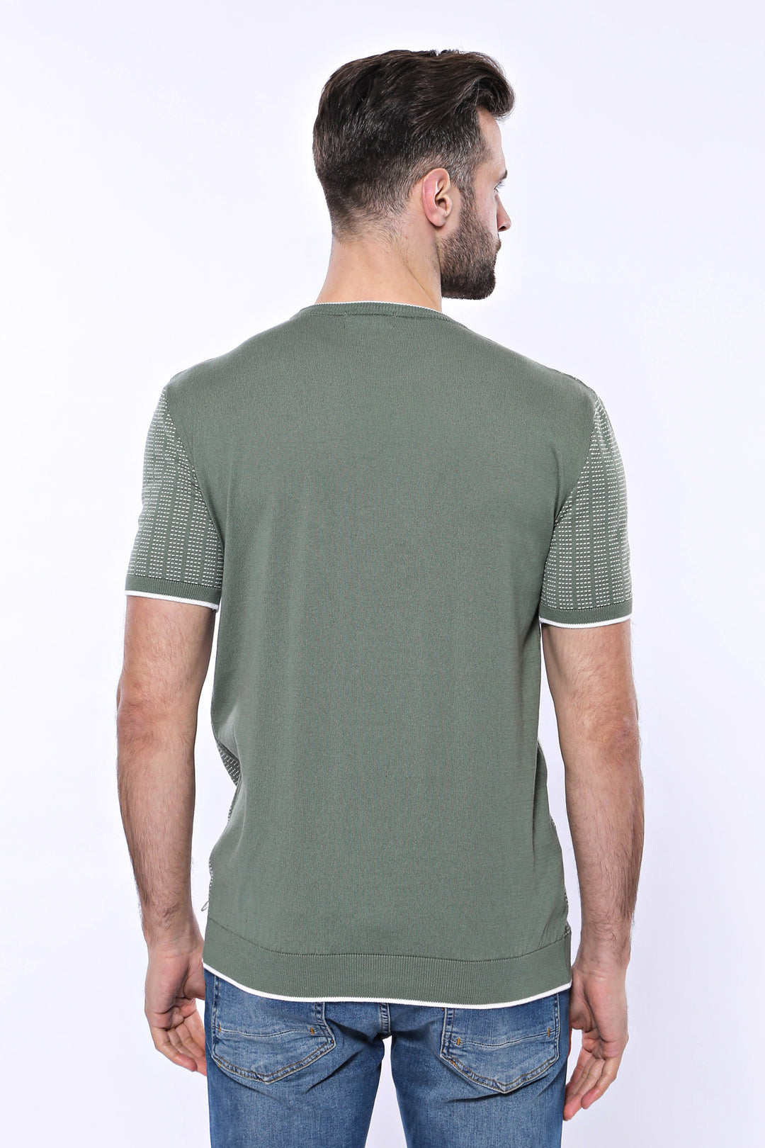 Circle Neck Patterned Green Knitted T-Shirt - Wessi