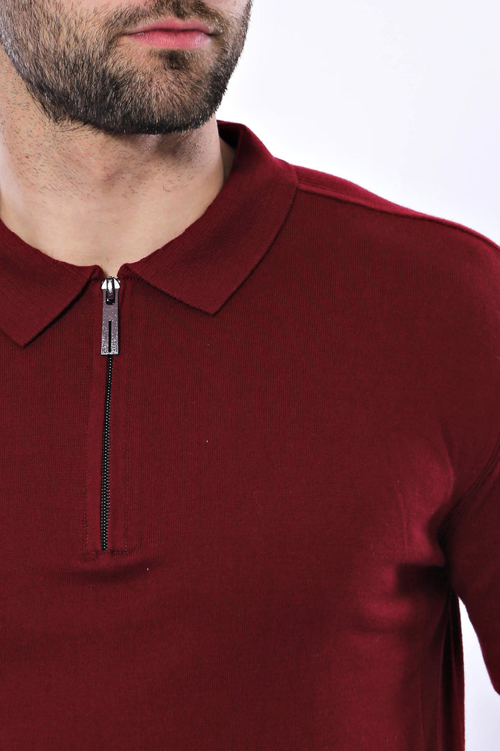 Polo Neck Plain Claret Red Knitted T-Shirt - Wessi