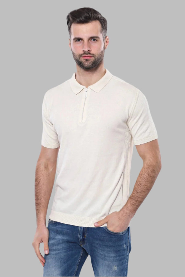 Polo Neck Plain Cream Knitted T-Shirt - Wessi