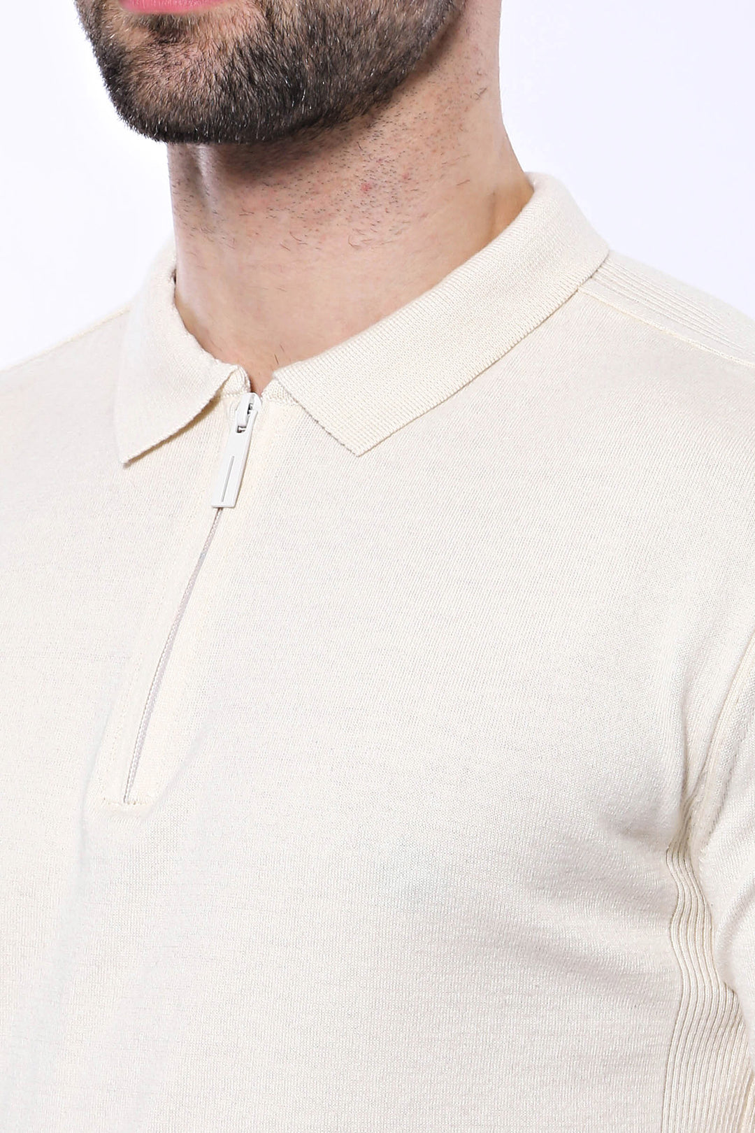 Polo Neck Plain Cream Knitted T-Shirt - Wessi