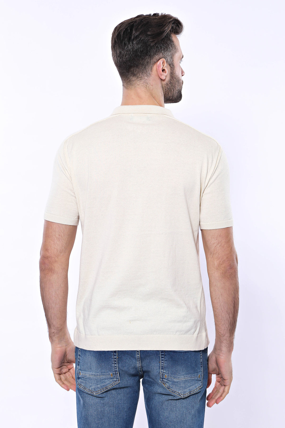 Polo Neck Plain Cream Knitted T-Shirt - Wessi