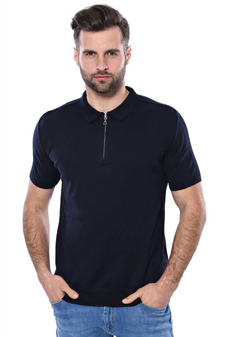 Polo Neck Plain Navy Knitted Blue Men T-Shirt - Wessi